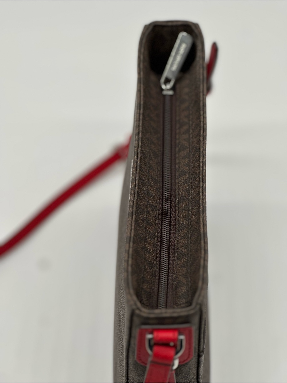 Michael Kors Brown Monogram Crossbody with Red Strap - Picture 6 of 12